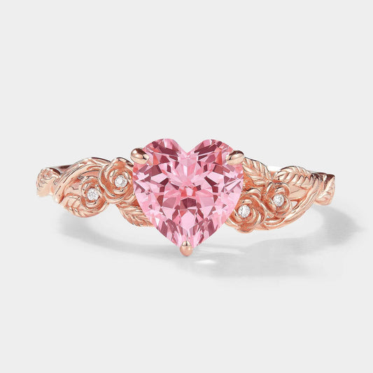 Unique Heart Cut Lab Padparadscha Sapphire Leaf Rose Engagement Ring