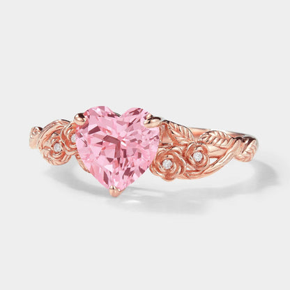 Unique Heart Cut Lab Padparadscha Sapphire Leaf Rose Engagement Ring