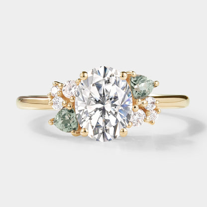 Oval Cut Moissanite Engagement Ring Trangle Spinel Cluster