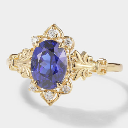 Oval Cut Royal Blue Sapphire Engagement Ring With Iris