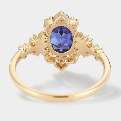 Oval Cut Royal Blue Sapphire Engagement Ring With Iris