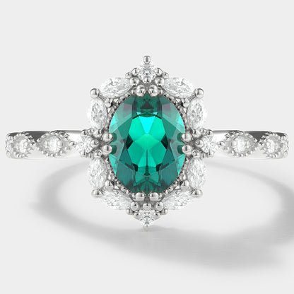 Vintage Oval Cut Lab Emerald Engagement Ring Moissanite Cluster