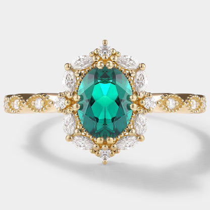 Vintage Oval Cut Lab Emerald Engagement Ring Moissanite Cluster