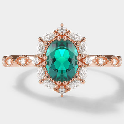 Vintage Oval Cut Lab Emerald Engagement Ring Moissanite Cluster