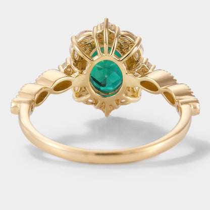 Vintage Oval Cut Lab Emerald Engagement Ring Moissanite Cluster