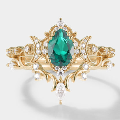 Lab Emerald Engagement Ring Set Moon Shaped Moissanite Cluster 2pcs