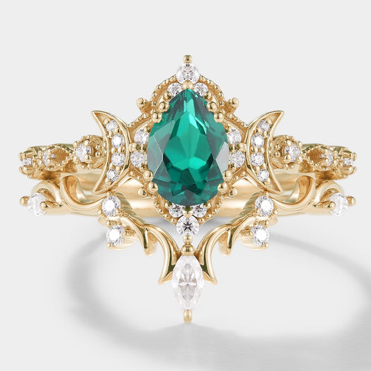 Lab Emerald Engagement Ring Set Moon Shaped Moissanite Cluster 2pcs
