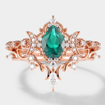 Lab Emerald Engagement Ring Set Moon Shaped Moissanite Cluster 2pcs