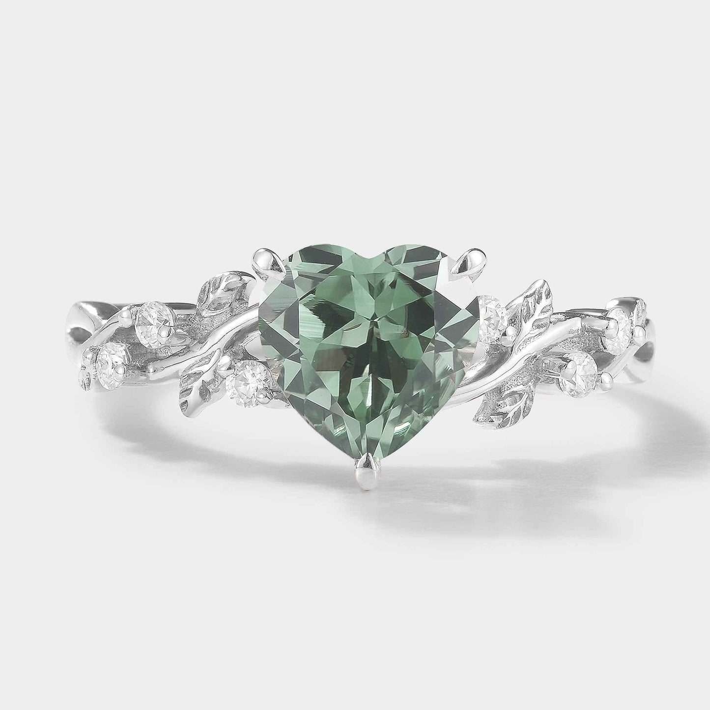 Classic Heart Cut Lab Green Sapphire Leaf Engagement Ring