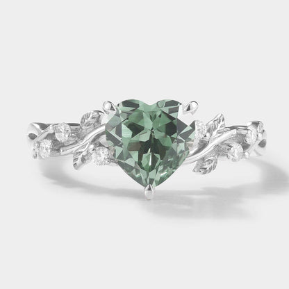 Classic Heart Cut Lab Green Sapphire Leaf Engagement Ring