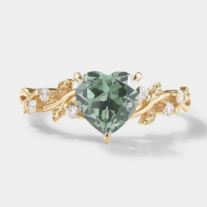 Classic Heart Cut Lab Green Sapphire Leaf Engagement Ring