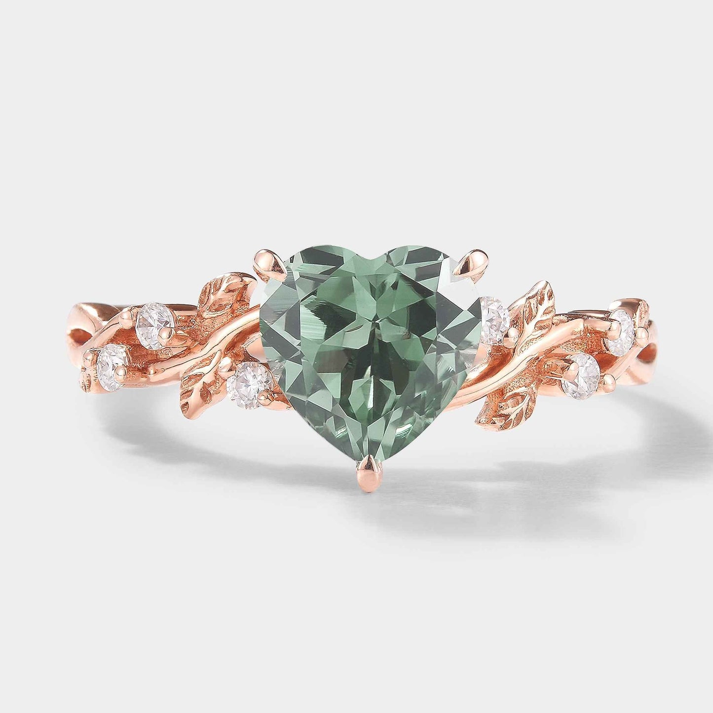 Classic Heart Cut Lab Green Sapphire Leaf Engagement Ring