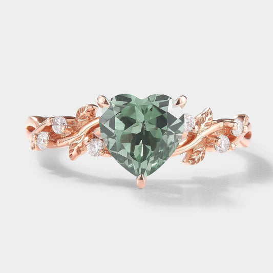 Classic Heart Cut Lab Green Sapphire Leaf Engagement Ring