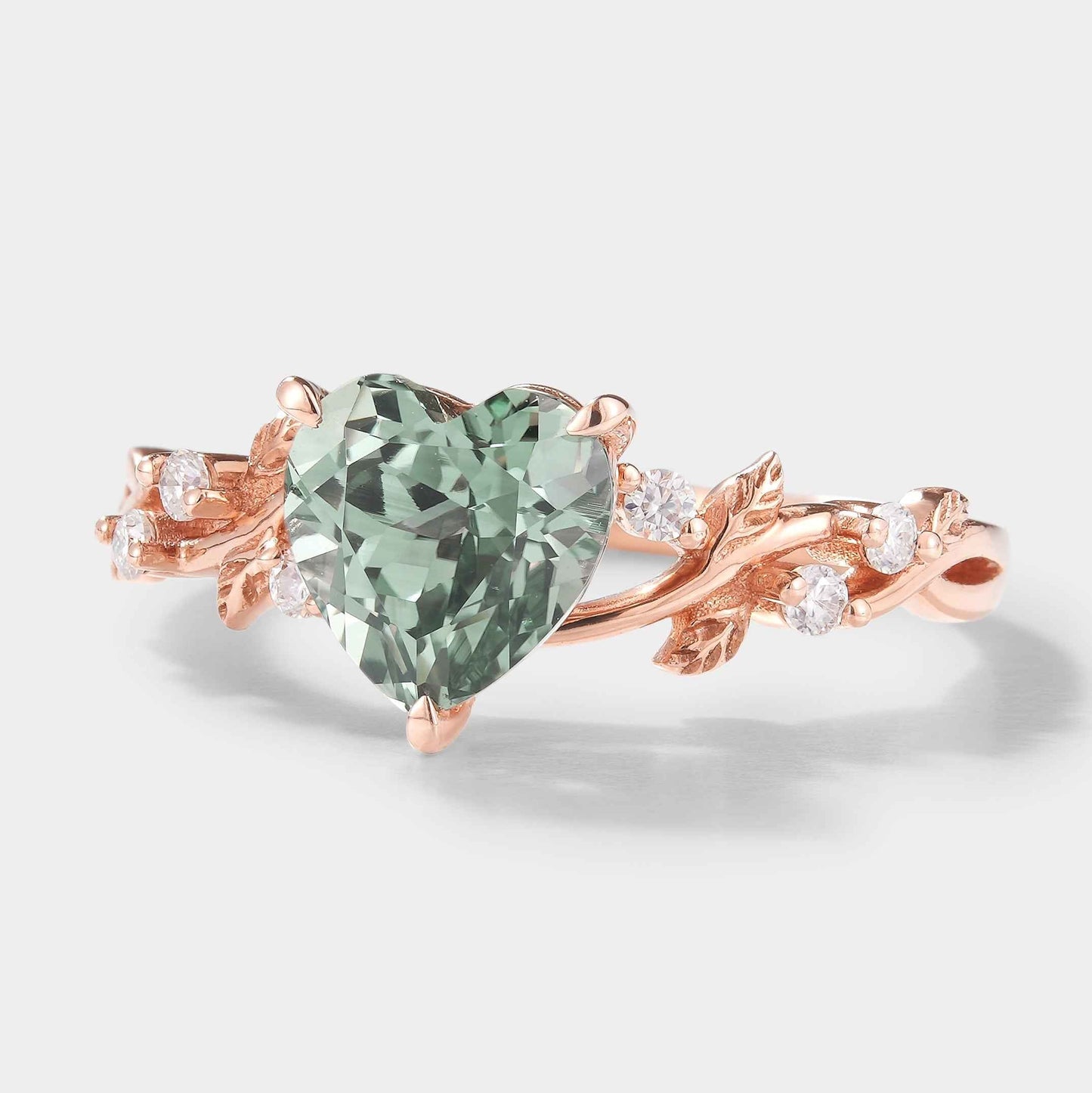 Classic Heart Cut Lab Green Sapphire Leaf Engagement Ring