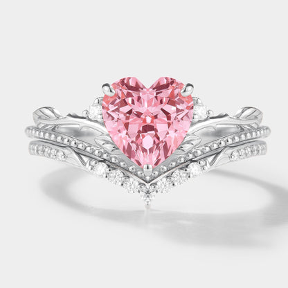 Heart Cut Lab Padparadscha Leaf Branch Engagement Ring Set 2pc