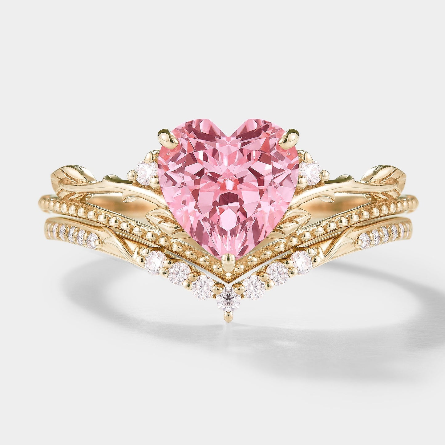 Heart Cut Lab Padparadscha Leaf Branch Engagement Ring Set 2pc