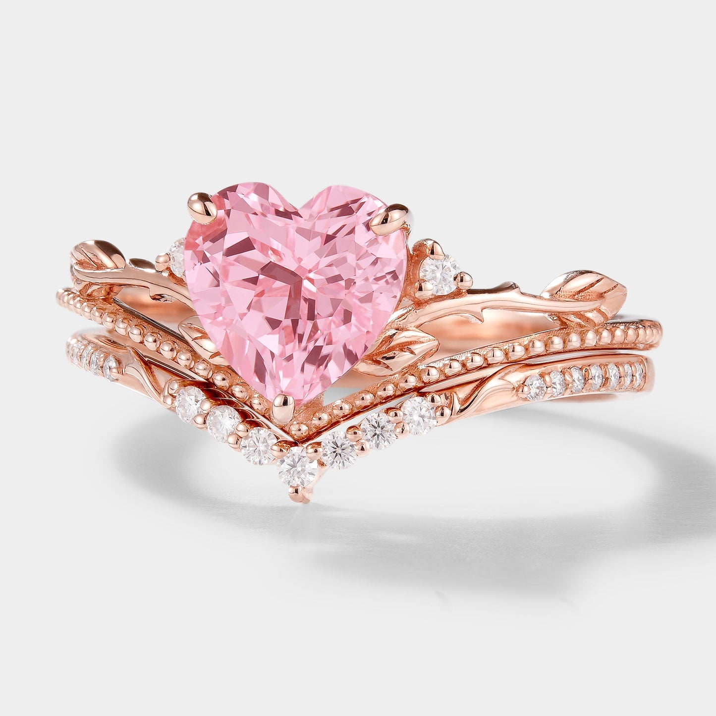 Heart Cut Lab Padparadscha Leaf Branch Engagement Ring Set 2pc