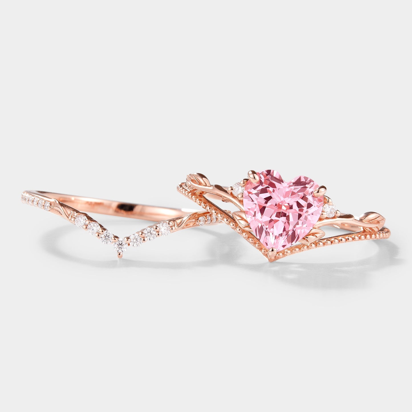 Heart Cut Lab Padparadscha Leaf Branch Engagement Ring Set 2pc