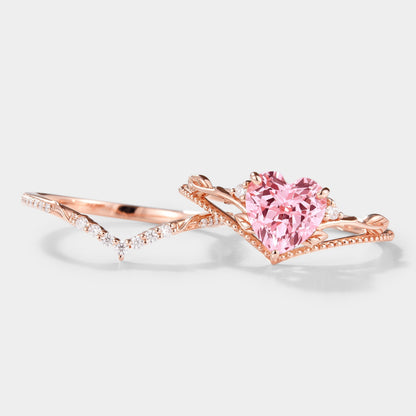 Heart Cut Lab Padparadscha Leaf Branch Engagement Ring Set 2pc