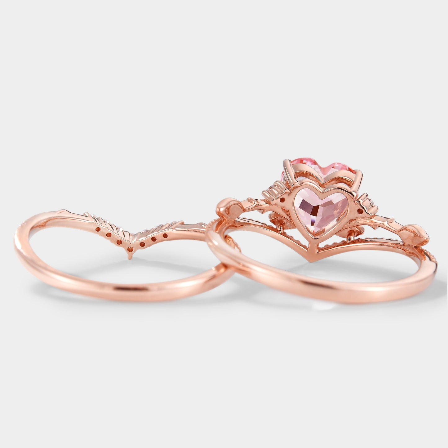Heart Cut Lab Padparadscha Leaf Branch Engagement Ring Set 2pc