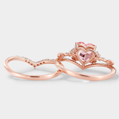 Heart Cut Lab Padparadscha Leaf Branch Engagement Ring Set 2pc