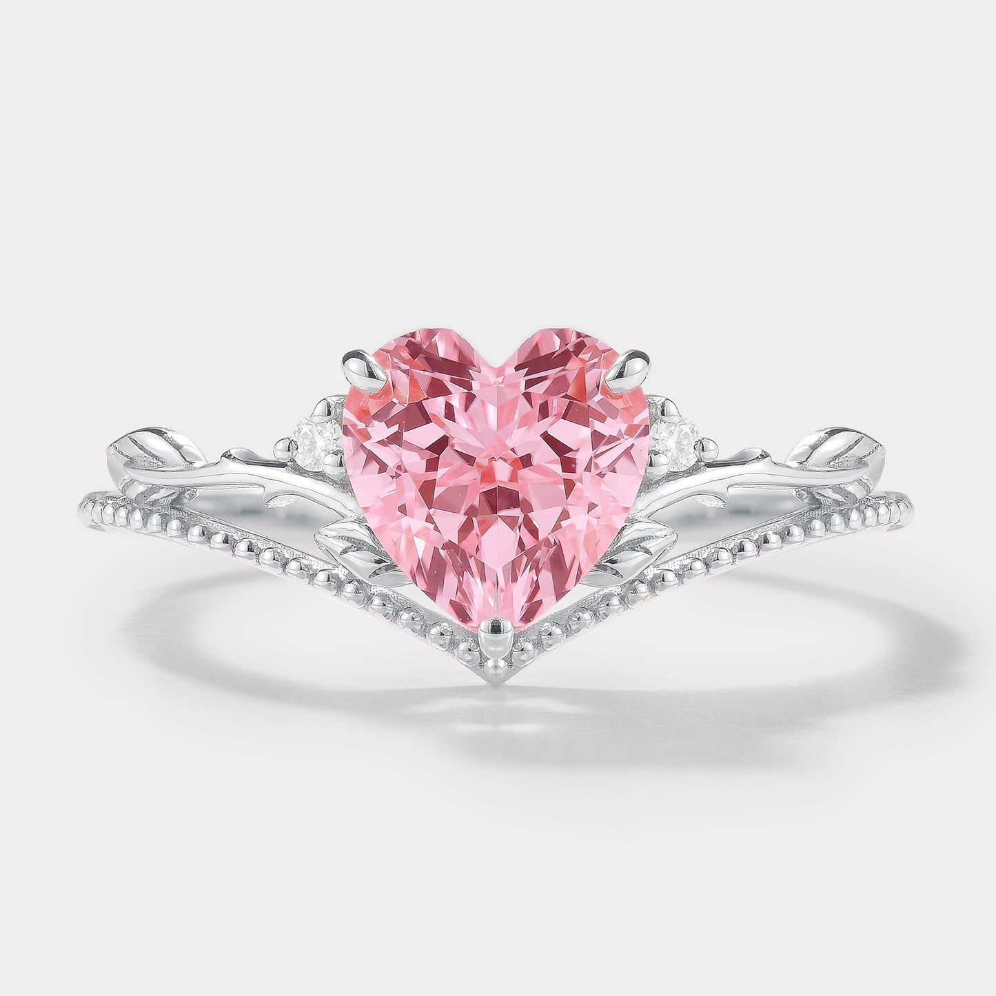 Heart Cut Lab Padparadscha Leaf Branch Engagement Ring