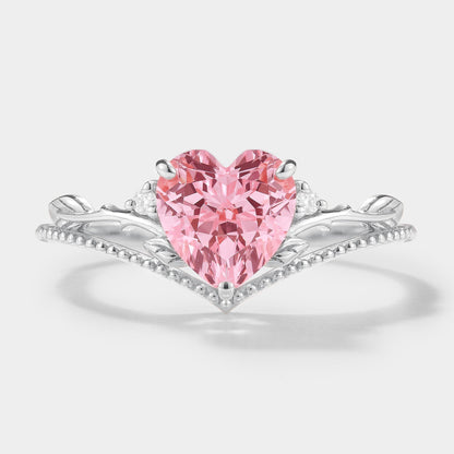 Heart Cut Lab Padparadscha Leaf Branch Engagement Ring