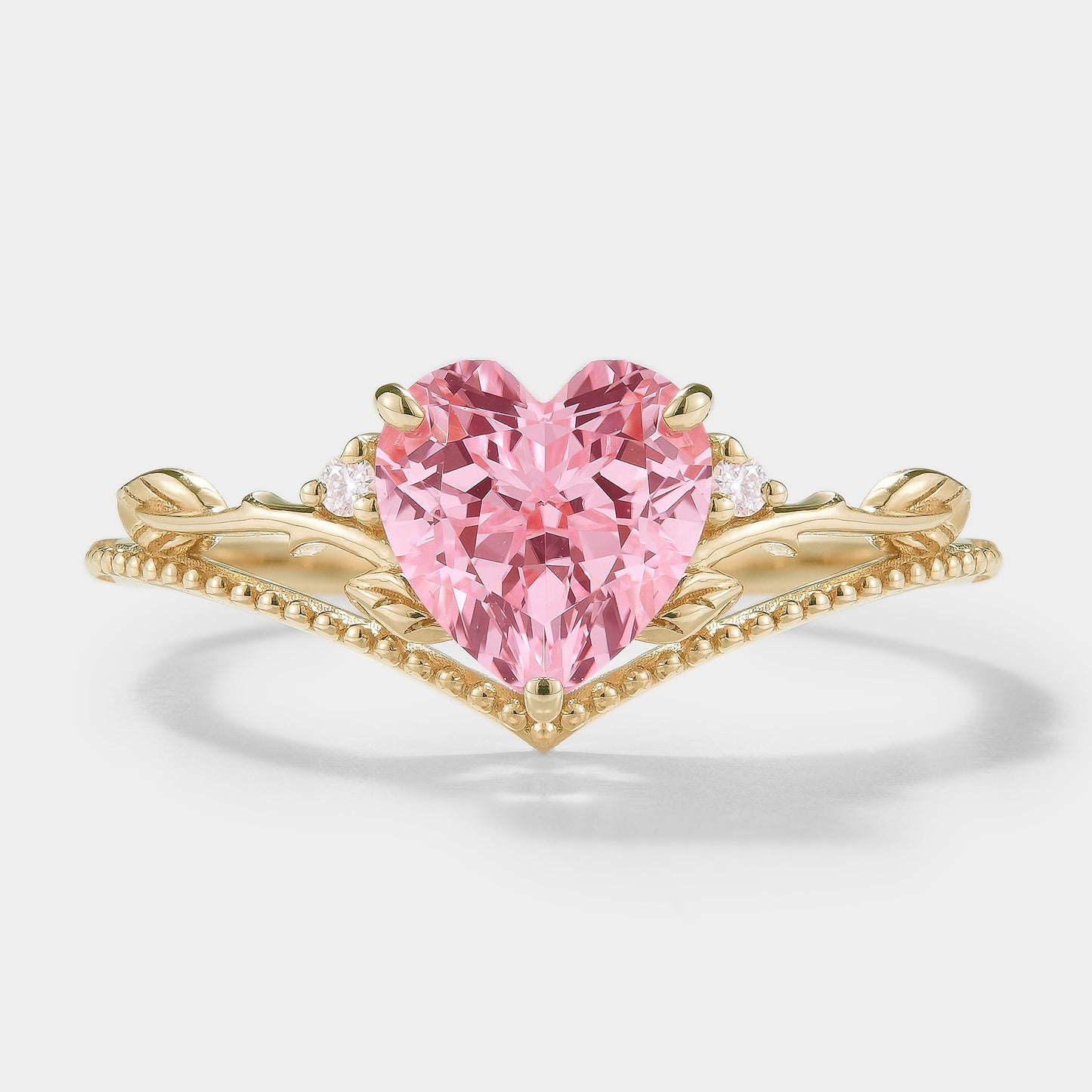 Heart Cut Lab Padparadscha Leaf Branch Engagement Ring