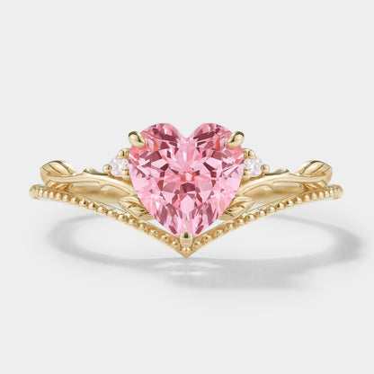 Heart Cut Lab Padparadscha Leaf Branch Engagement Ring