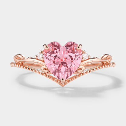 Heart Cut Lab Padparadscha Leaf Branch Engagement Ring