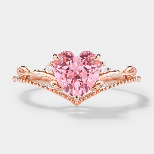 Heart Cut Lab Padparadscha Leaf Branch Engagement Ring