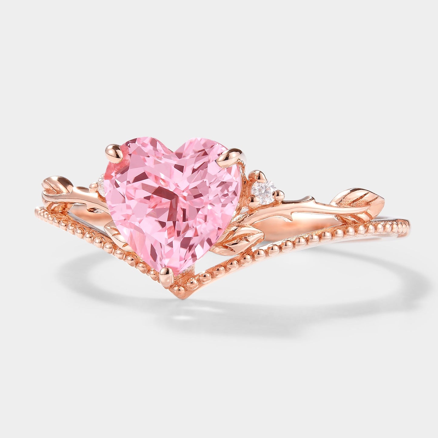 Heart Cut Lab Padparadscha Leaf Branch Engagement Ring