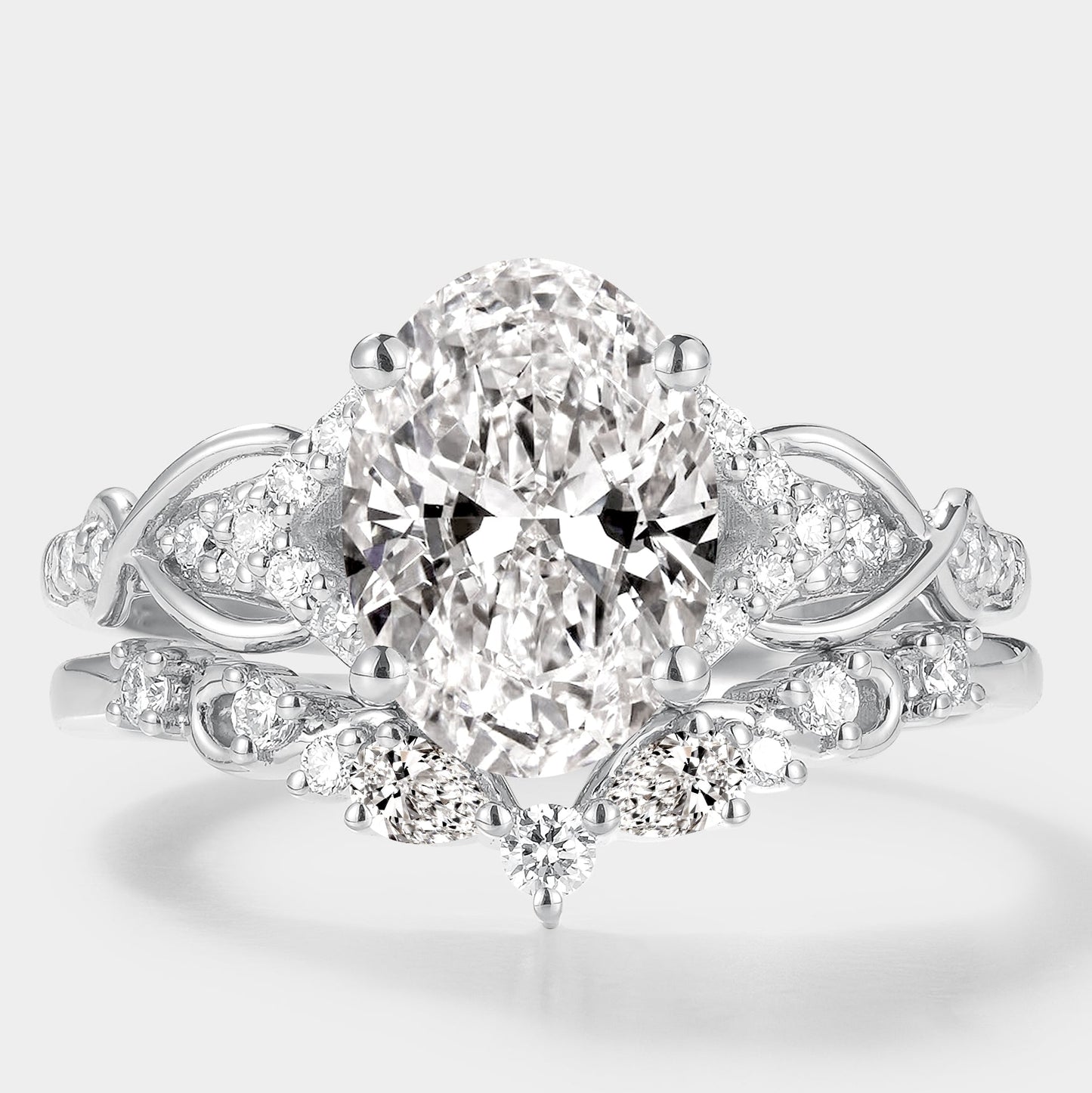 Oval Cut Lab Grown Diamond Engagement Ring Curved Wedding Band 2pcs