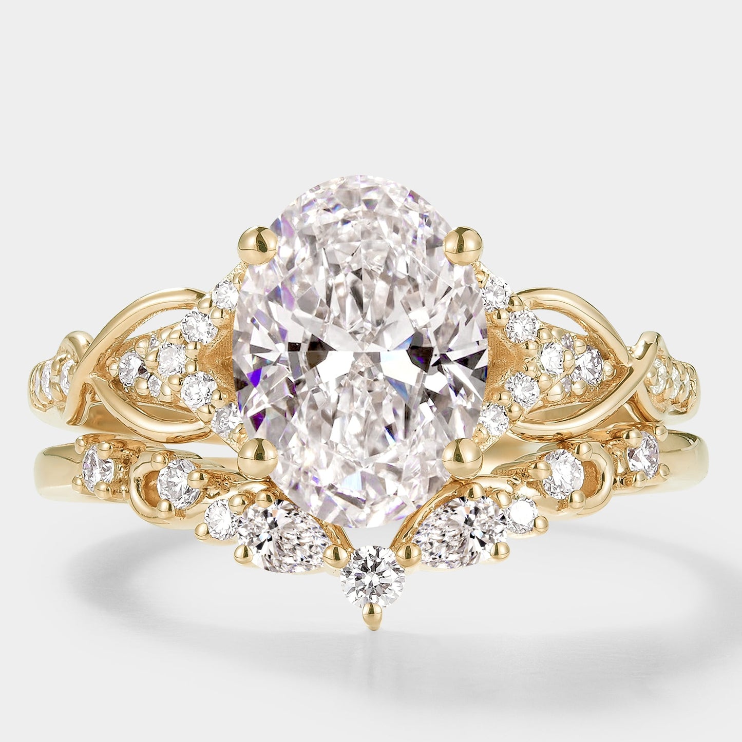 Oval Cut Lab Grown Diamond Engagement Ring Curved Wedding Band 2pcs
