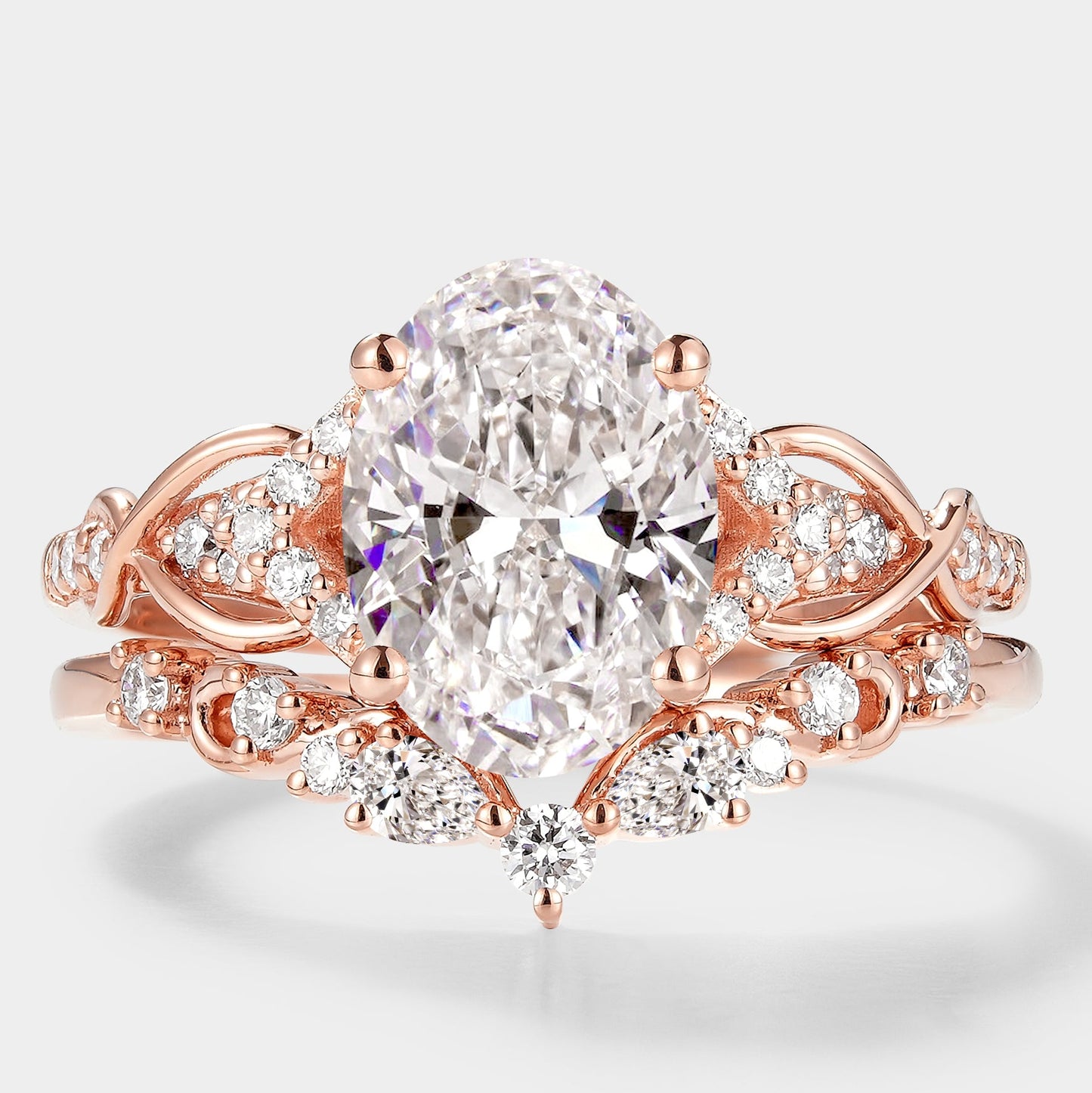 Oval Cut Lab Grown Diamond Engagement Ring Curved Wedding Band 2pcs