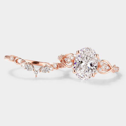 Oval Cut Lab Grown Diamond Engagement Ring Curved Wedding Band 2pcs