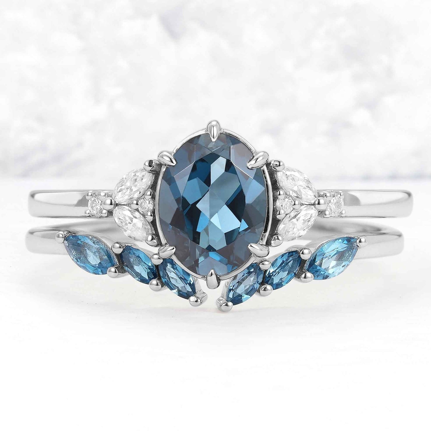 Cluster Oval London Blue Topaz Gemstone Ring Set 2pcs