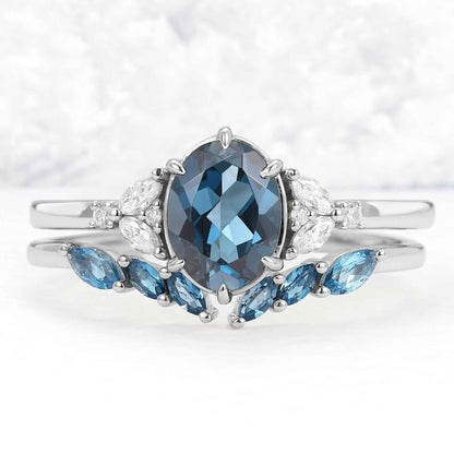 Cluster Oval London Blue Topaz Gemstone Ring Set 2pcs