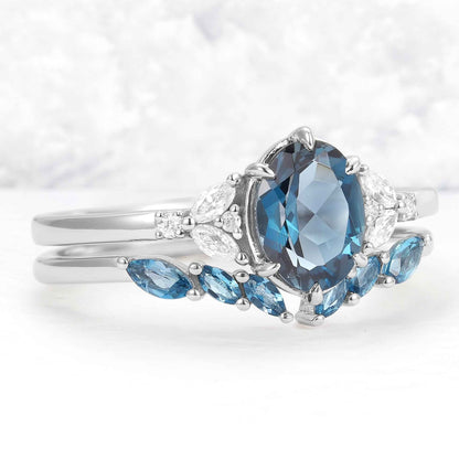 Cluster Oval London Blue Topaz Gemstone Ring Set 2pcs