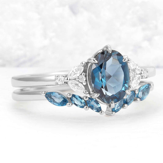 Cluster Oval London Blue Topaz Gemstone Ring Set 2pcs