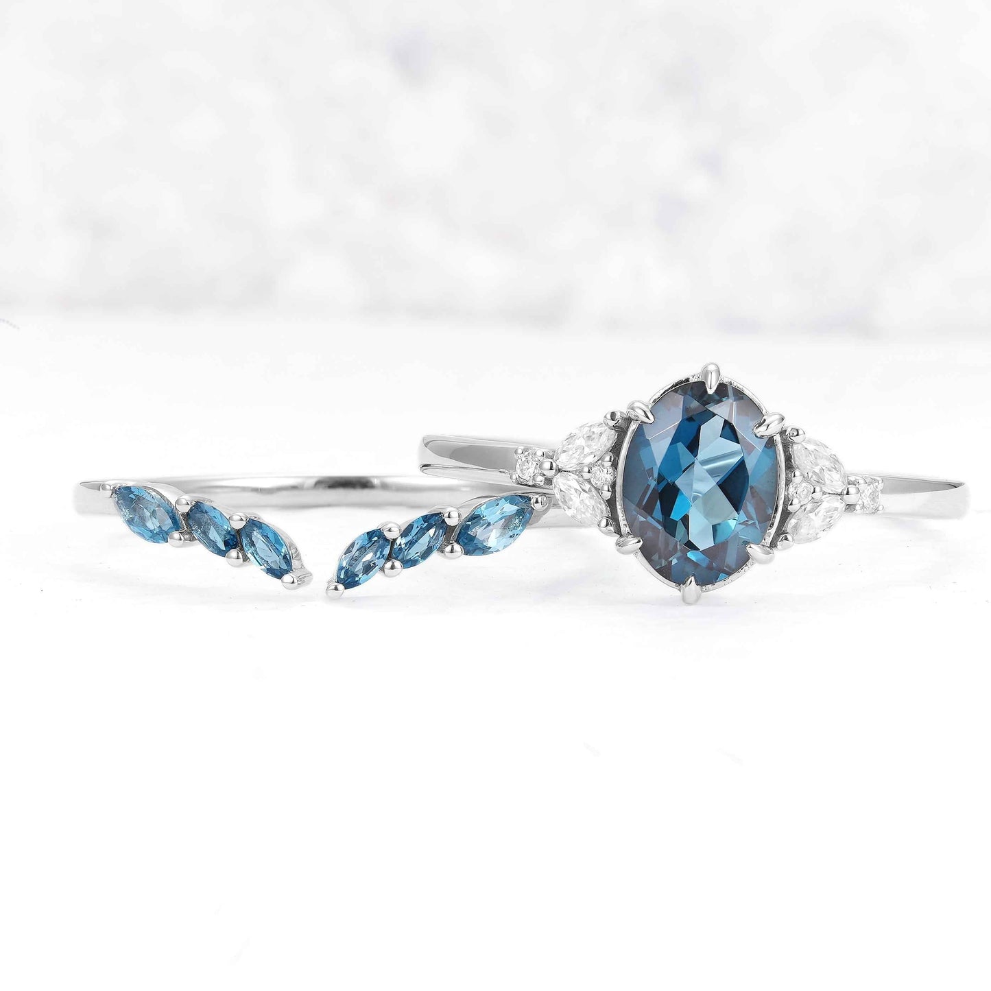 Cluster Oval London Blue Topaz Gemstone Ring Set 2pcs