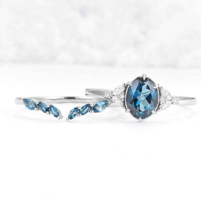 Cluster Oval London Blue Topaz Gemstone Ring Set 2pcs