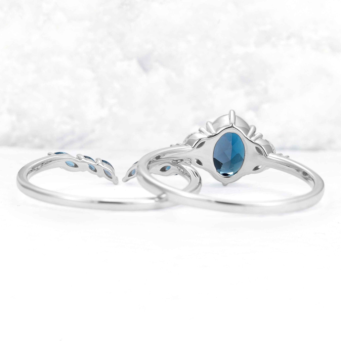 Cluster Oval London Blue Topaz Gemstone Ring Set 2pcs