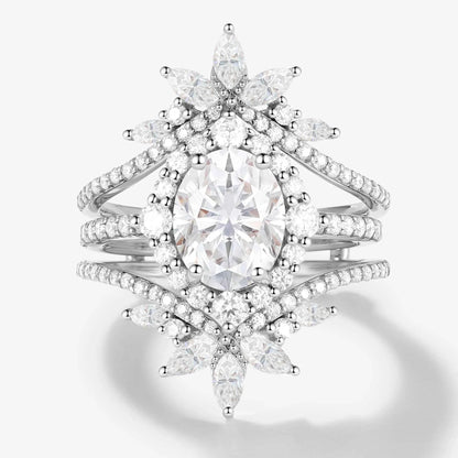 Classic Oval Moissanite Halo Engagement Ring & Vintage Enhancer Double Wedding Band 2Pcs Set