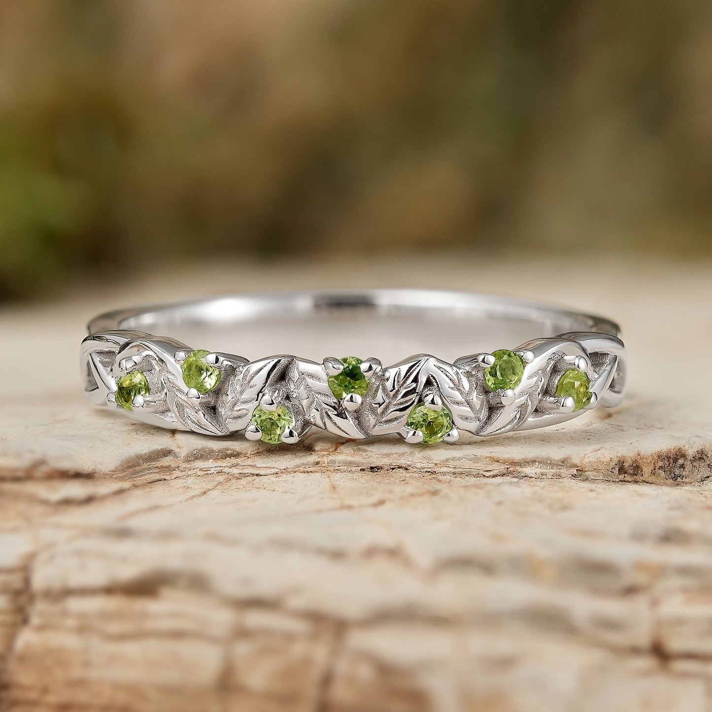 Nature Inspired Round Cut Peridot Willow Leaves Stacking Ring