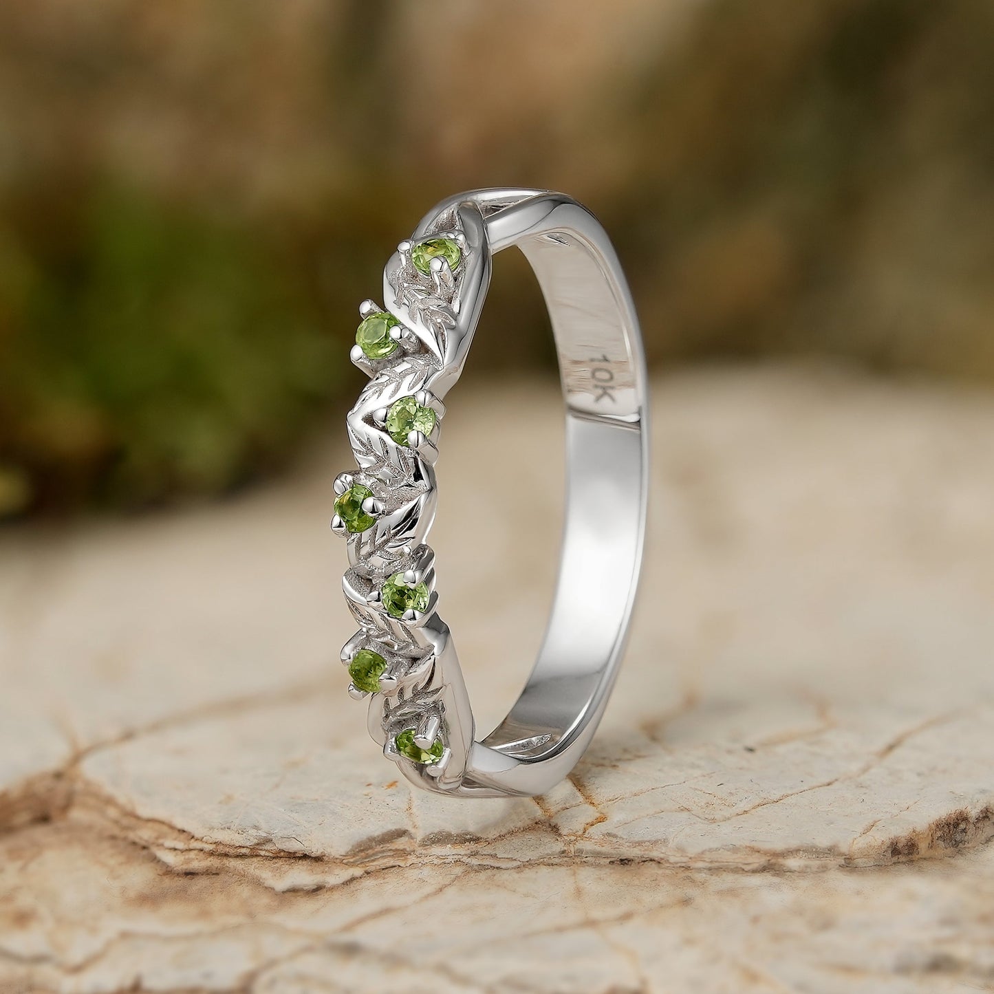 Nature Inspired Round Cut Peridot Willow Leaves Stacking Ring