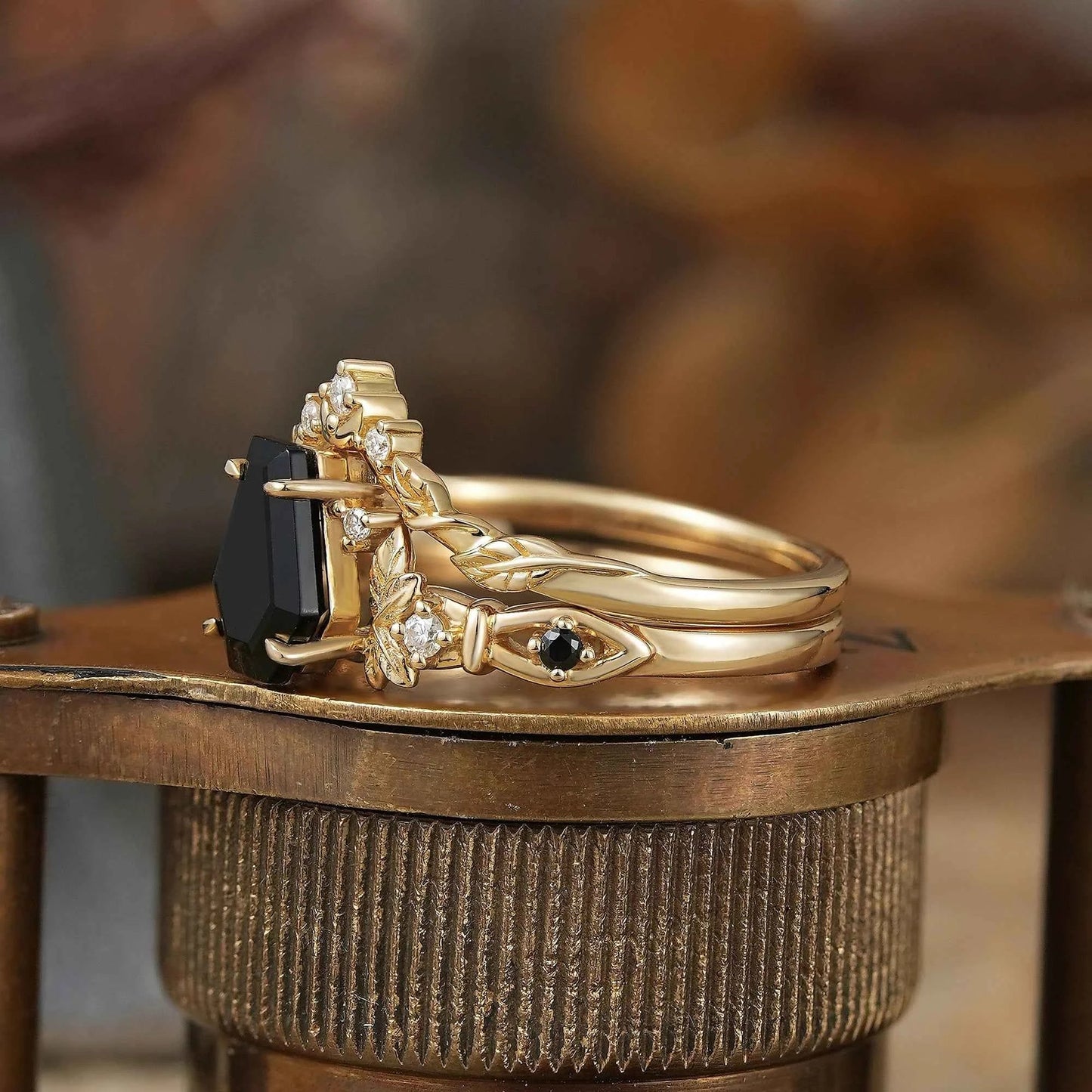 Coffin Cut Onyx Leaf And Moon Inspired Bridal Ring Set - Khaleesi