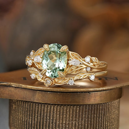 Oval Cut Green Sapphire Leaf And Flower Inspired Bridal Ring Set - Glinda