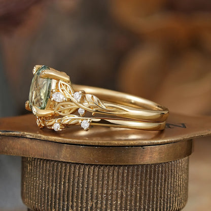 Oval Cut Green Sapphire Leaf And Flower Inspired Bridal Ring Set - Glinda