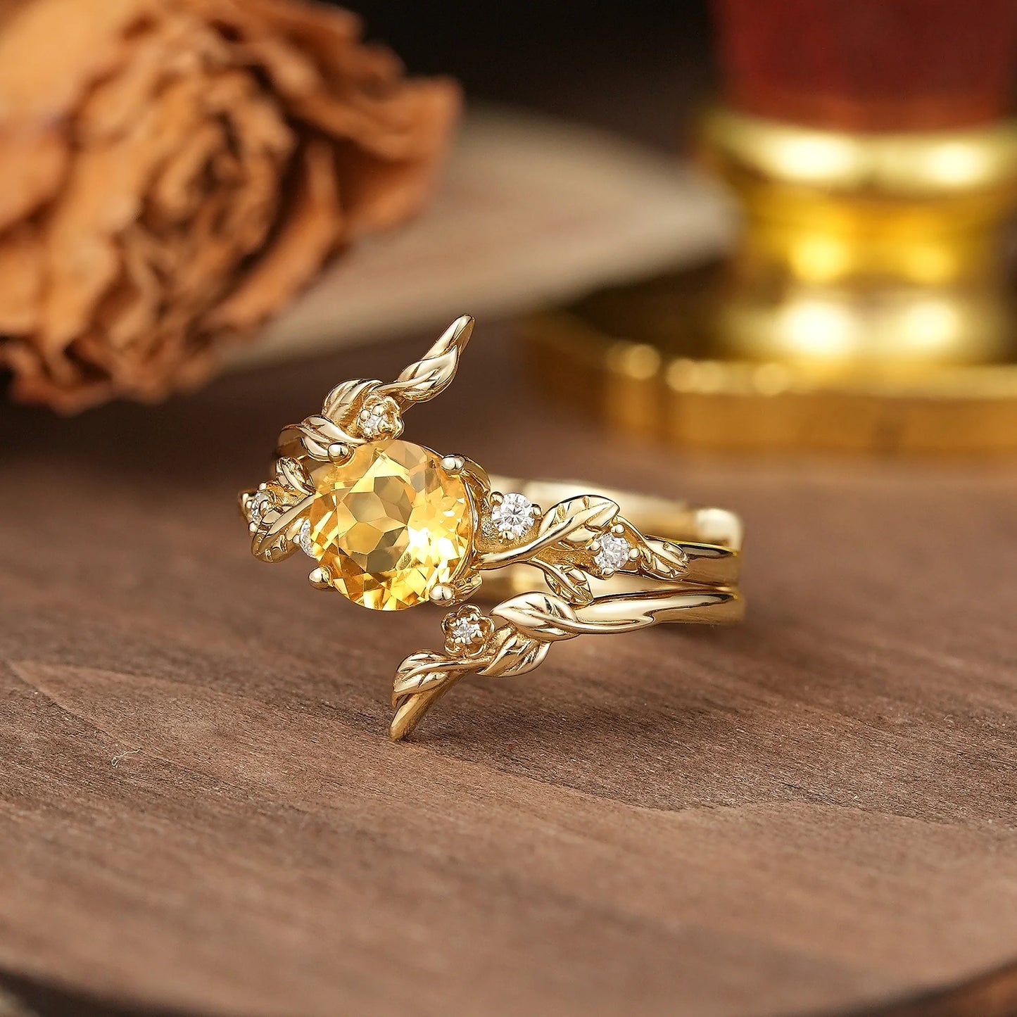 Round Cut Citrine Nature Inspired Bridal Ring Set With Enhancer - Nyx